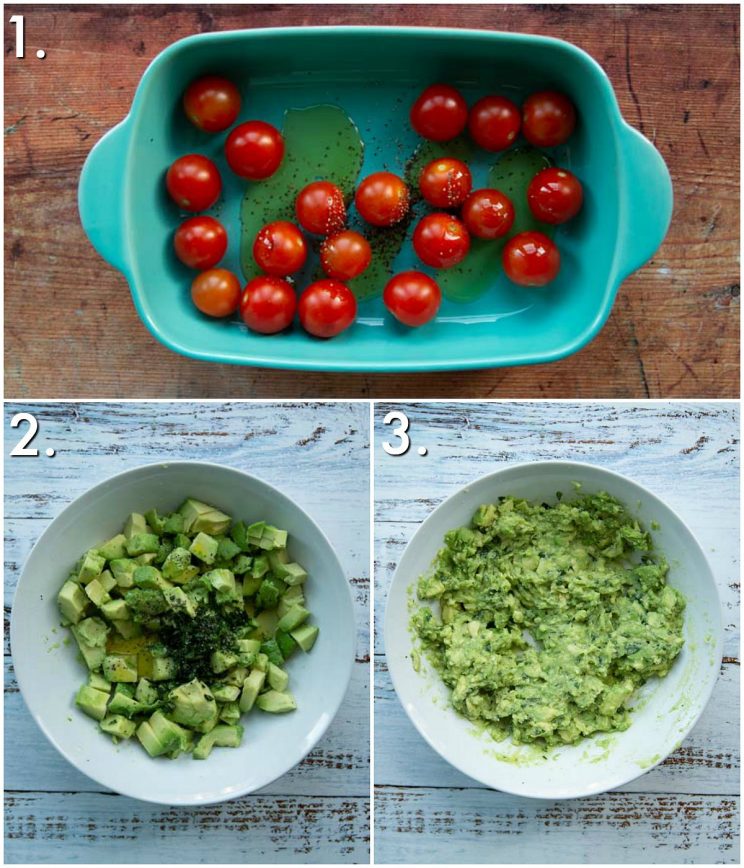 3 step by step photos showing how to prep tomato avocado on toast