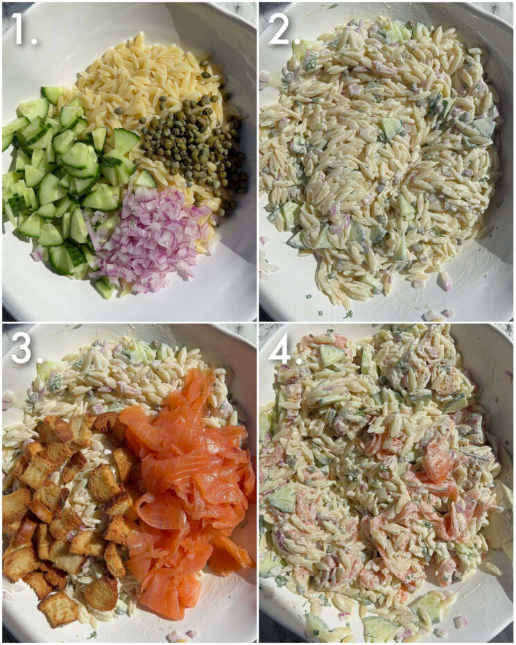 4 step by step photos showing how to make smoked salmon pasta salad