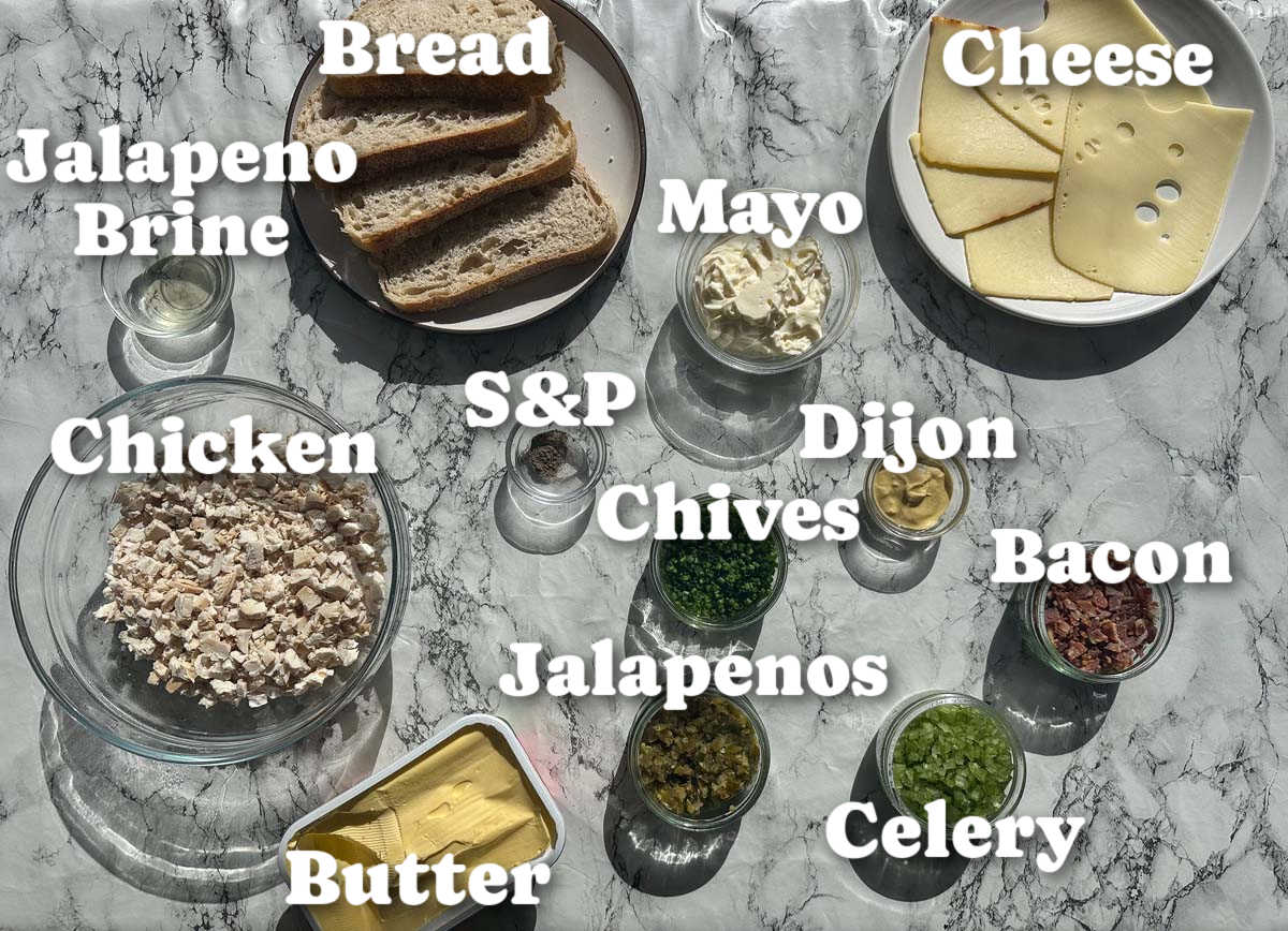 overhead shot of chicken melt ingredients with text labels