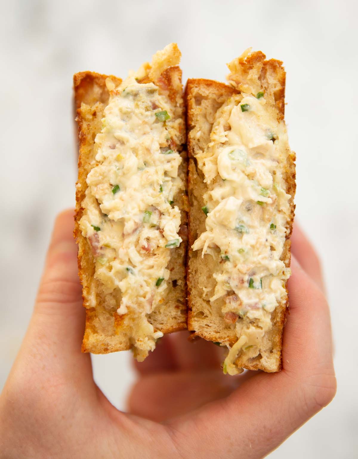 close up overhead shot of chicken melt sliced open