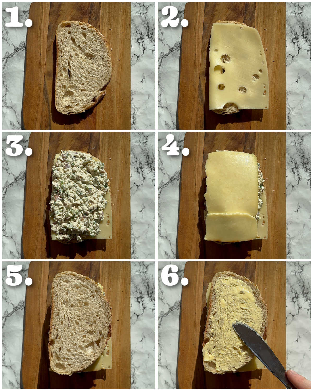 6 step by step photos showing how to make a chicken melt